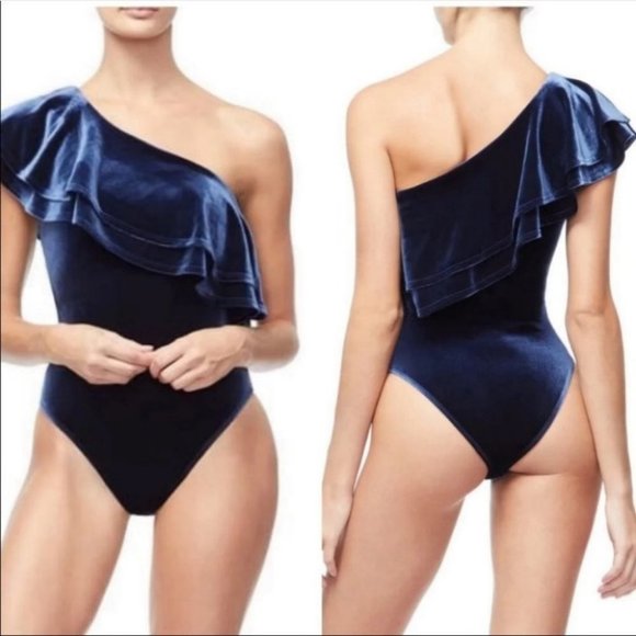 Good American Tops - Good American Navy Velvet One Shoulder Bodysuit